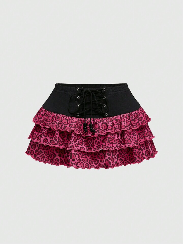Vintage Y2K Hot Pink Leopard Print Layered Ruffle Drawstring Waist Skirt