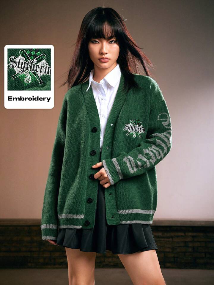 Harry Potter | ROMWE Ladies' Slytherin Style Embroidered Letter Badge Drop Shoulder Loose Cardigan Sweater