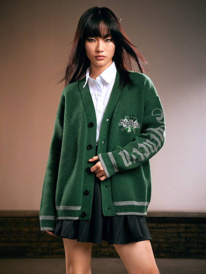 Harry Potter | ROMWE Ladies' Slytherin Style Embroidered Letter Badge Drop Shoulder Loose Cardigan Sweater 6 Harry Potter | ROMWE Ladies' Slytherin Style Embroidered Letter Badge Drop Shoulder Loose Cardigan Sweater