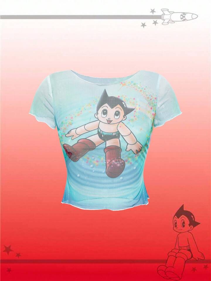 Astro Boy X ROMWE Cartoon Figure Graphic Sheer Sexy & Cute Short Sleeve Women T-Shirt