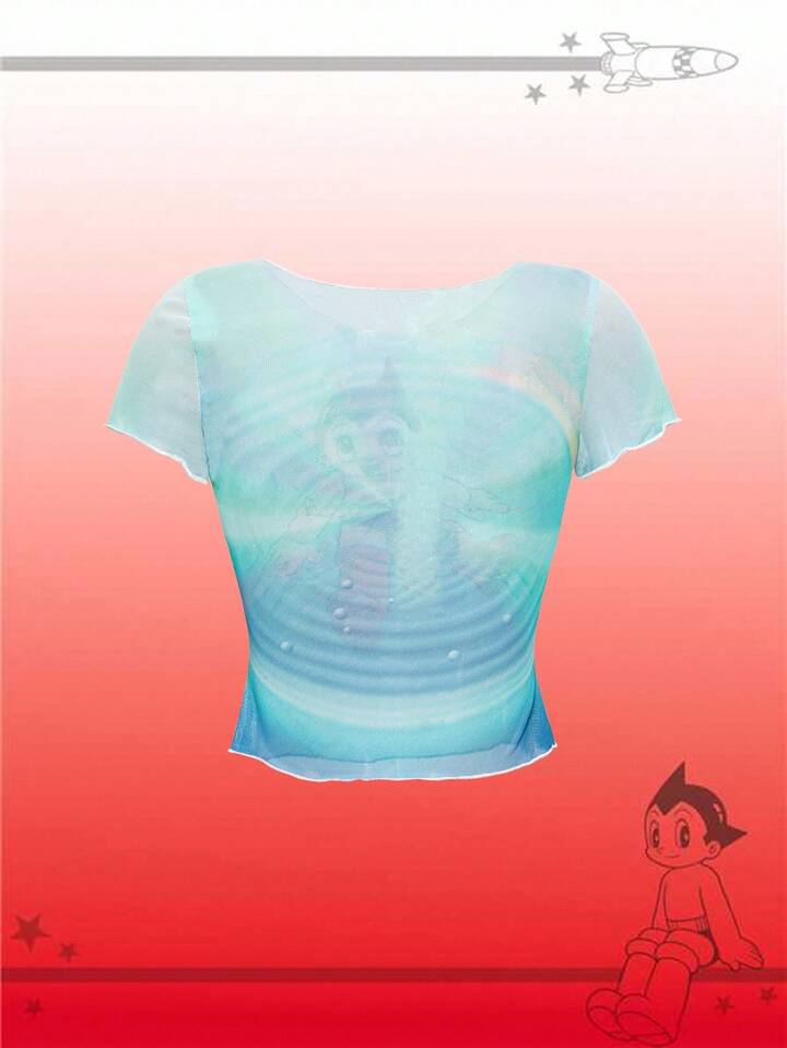 Astro Boy X ROMWE Cartoon Figure Graphic Sheer Sexy & Cute Short Sleeve Women T-Shirt