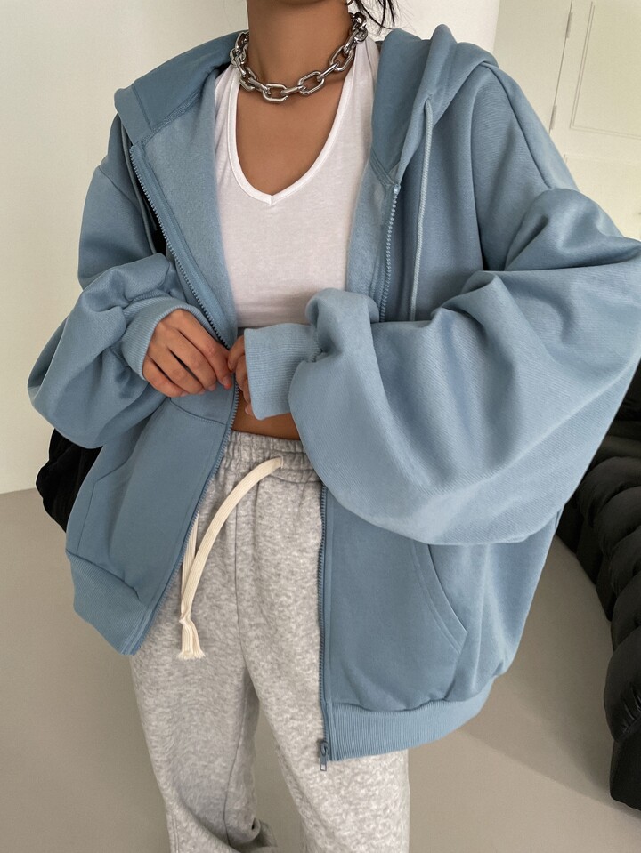 Zip Up Drop Shoulder Drawstring Thermal Lined Hoodie,Long Sleeve Tops,Fall Women Clothes Sweatshirt Jacket