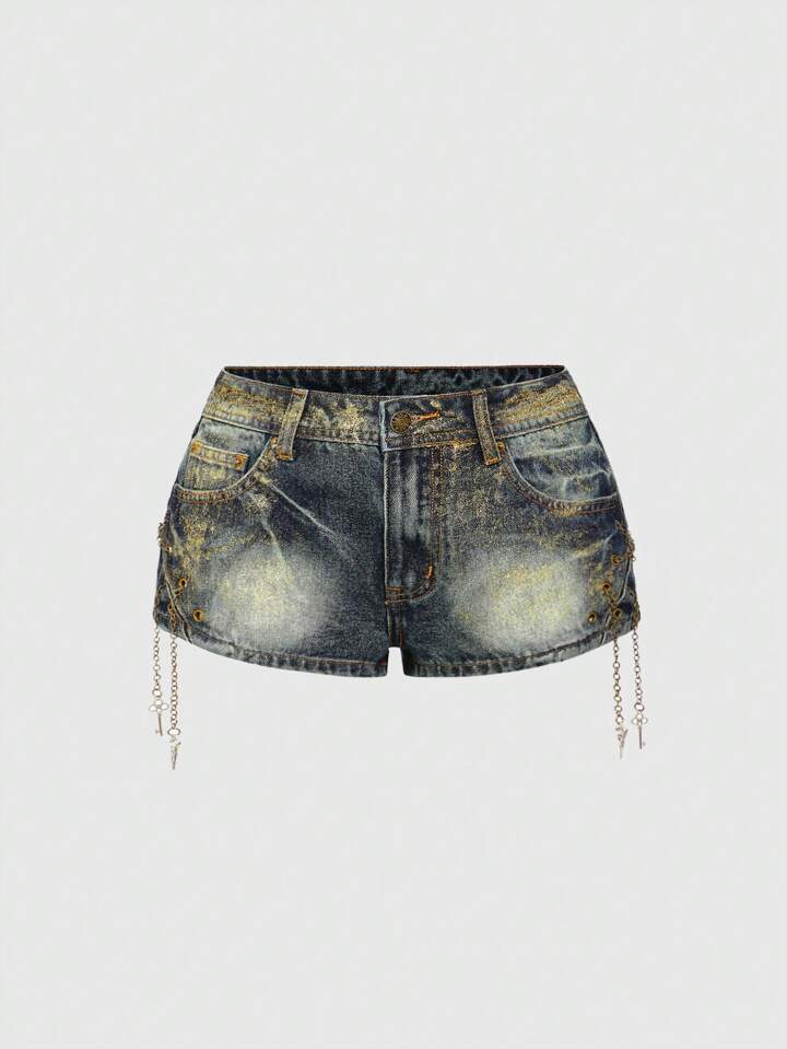 J-Fashion Y2K Shibuya Gyaru Millenium Retro Hot Girl Gold Foil Cross Vintage Low-Waist Skinny Super Low-Rise Women Denim Shorts