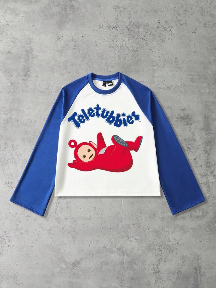 Teletubbies X ROMWE Men's Casual Everyday Commute Cute Cartoon Letter Graphic Contrast Color Raglan Long Sleeve Loose T-Shirt, Spring/Autumn