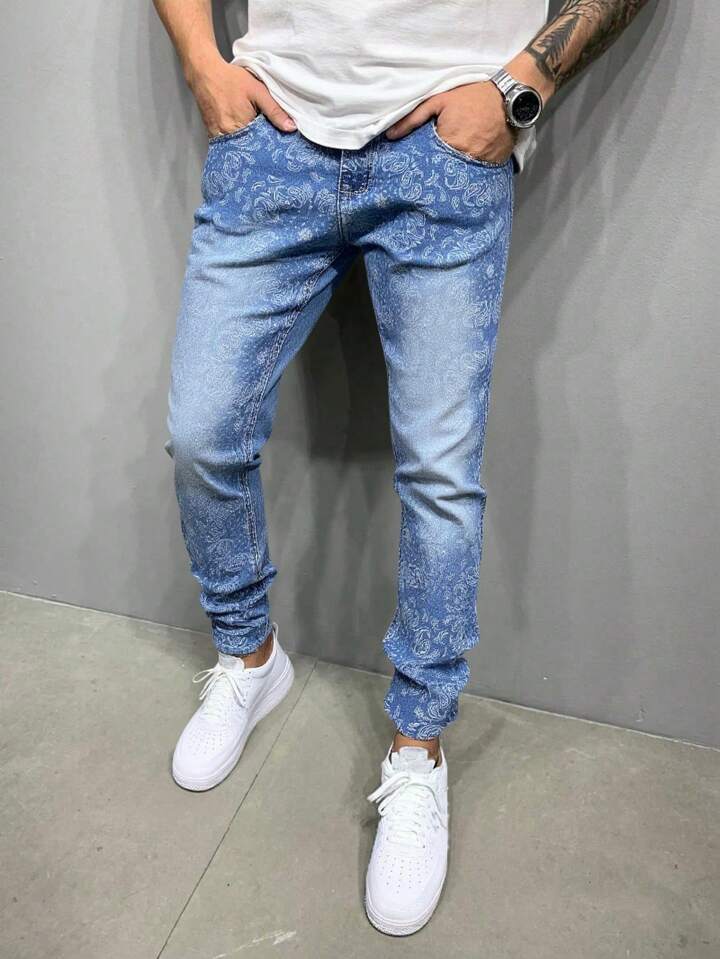 Street Life Men's Front Button Pocket Simple Casual Print Denim Jeans