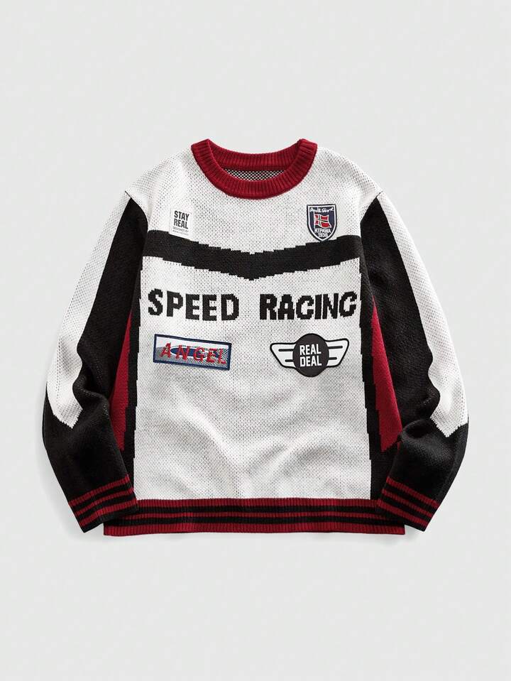 Men's Round Neck Racing Embroidered Sweater
