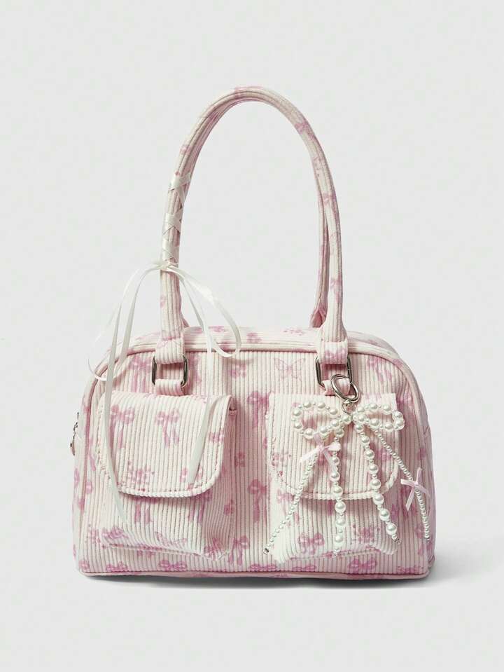 Anime 1pc Pink Corduroy Bowknot Print Fashion Portable Large Capacity Bow Decor Kawaii Ladies Handbag