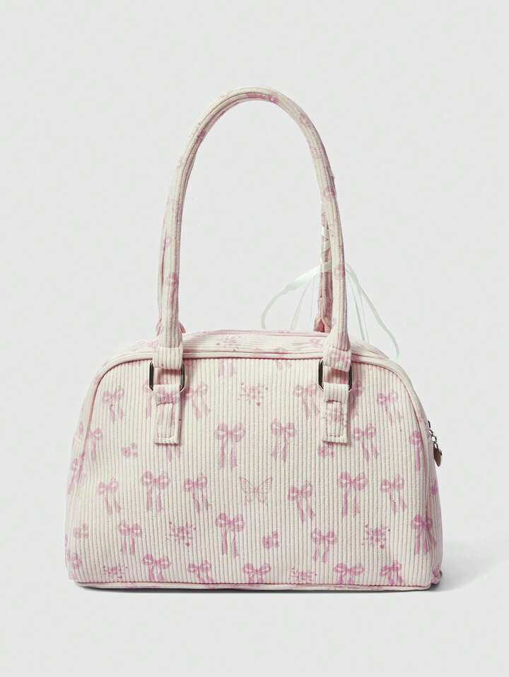 Anime 1pc Pink Corduroy Bowknot Print Fashion Portable Large Capacity Bow Decor Kawaii Ladies Handbag