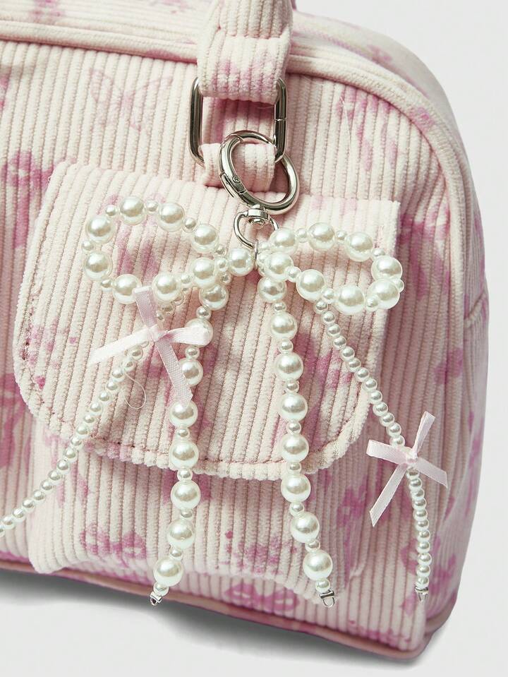 Anime 1pc Pink Corduroy Bowknot Print Fashion Portable Large Capacity Bow Decor Kawaii Ladies Handbag