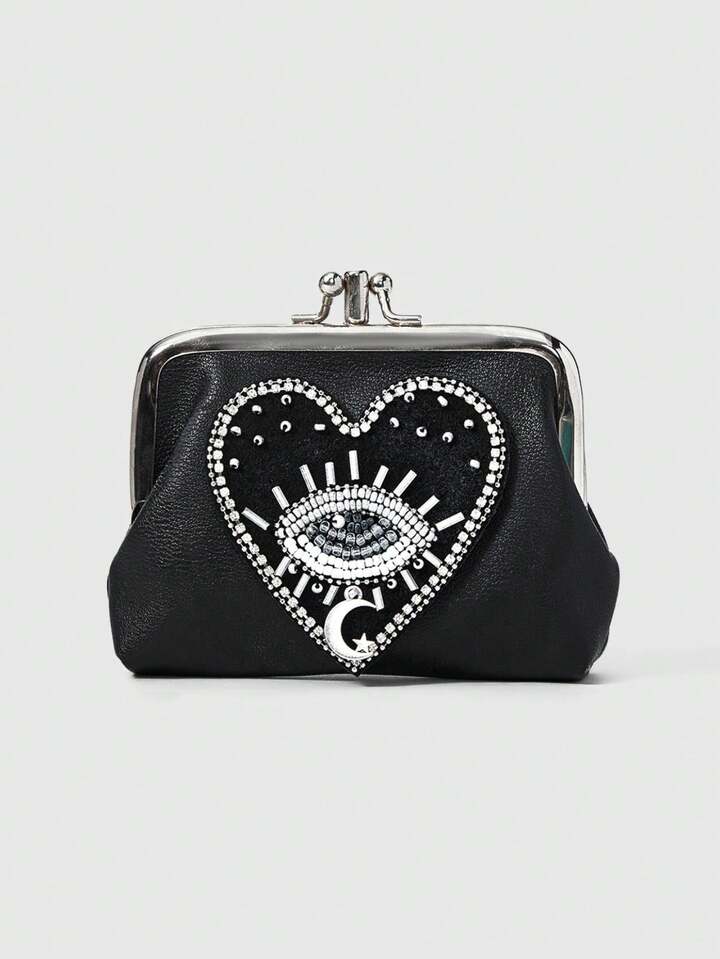 1pc Gothic Style Blue Eye & Red Heart Beaded Pu Leather Short Wallet For Women
