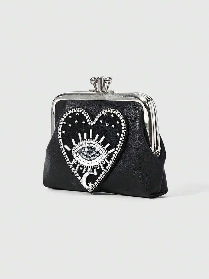 1pc Gothic Style Blue Eye & Red Heart Beaded Pu Leather Short Wallet For Women