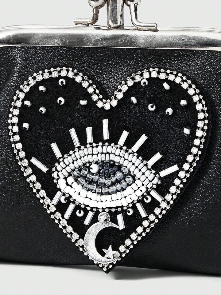 1pc Gothic Style Blue Eye & Red Heart Beaded Pu Leather Short Wallet For Women