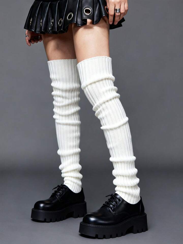 Goth 1 Pair Of Over-Knee Knitted Socks, Warm Stacking Socks, Daily Versatile Basic White Leg Covers