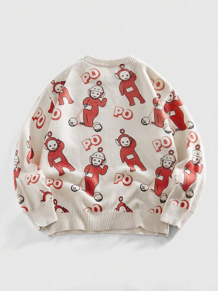 Teletubbies X ROMWE Men's Casual Cartoon Pattern Crew Neck Sweater, Autumn/Winter