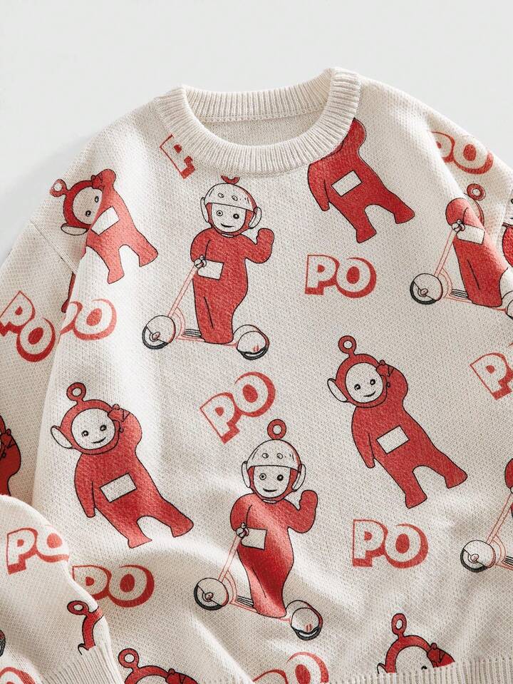 Teletubbies X ROMWE Men's Casual Cartoon Pattern Crew Neck Sweater, Autumn/Winter