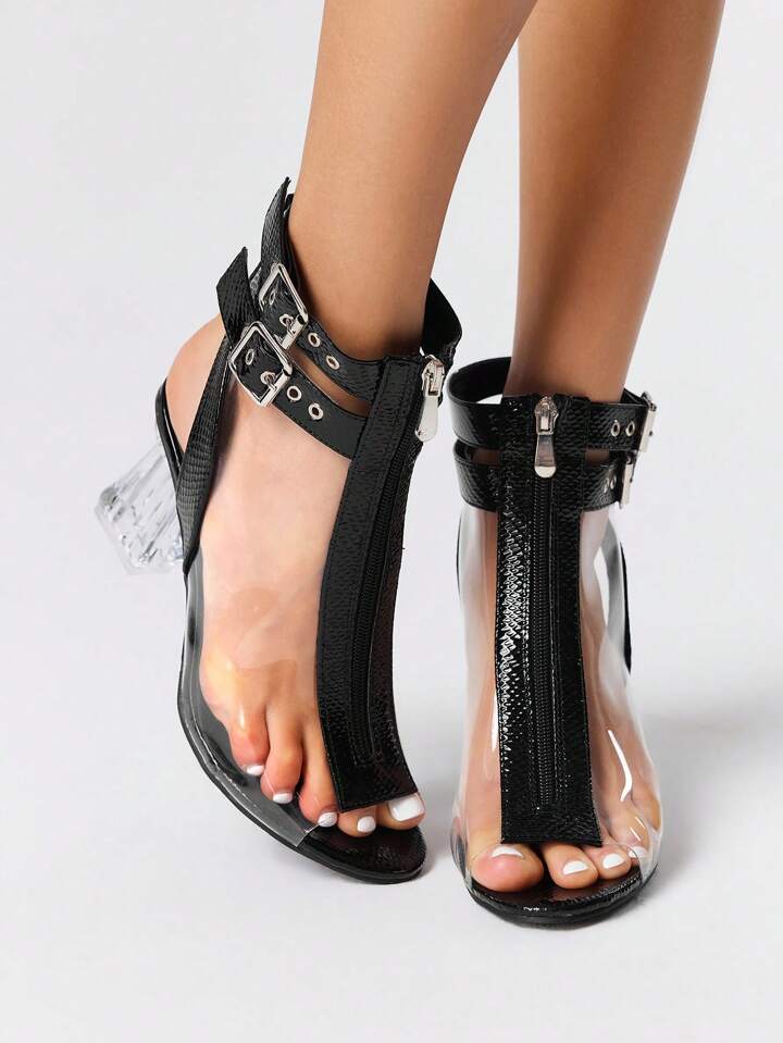 Women's 8cm Transparent Heel Front Zipper Over Ankle TPU Transparent Metal Buckle Peep Toe Sandals