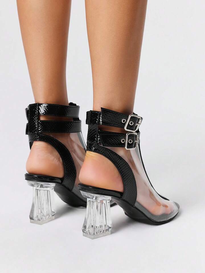 Women's 8cm Transparent Heel Front Zipper Over Ankle TPU Transparent Metal Buckle Peep Toe Sandals