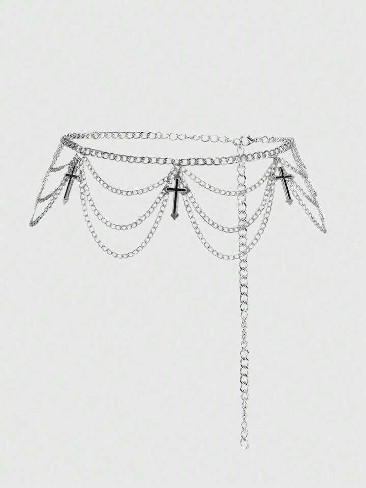 1pc Women Black & Silver Gothic Style Waist Chain With Cross Pendant And Triple Layer Chains, Great For Daily Wear, Halloween