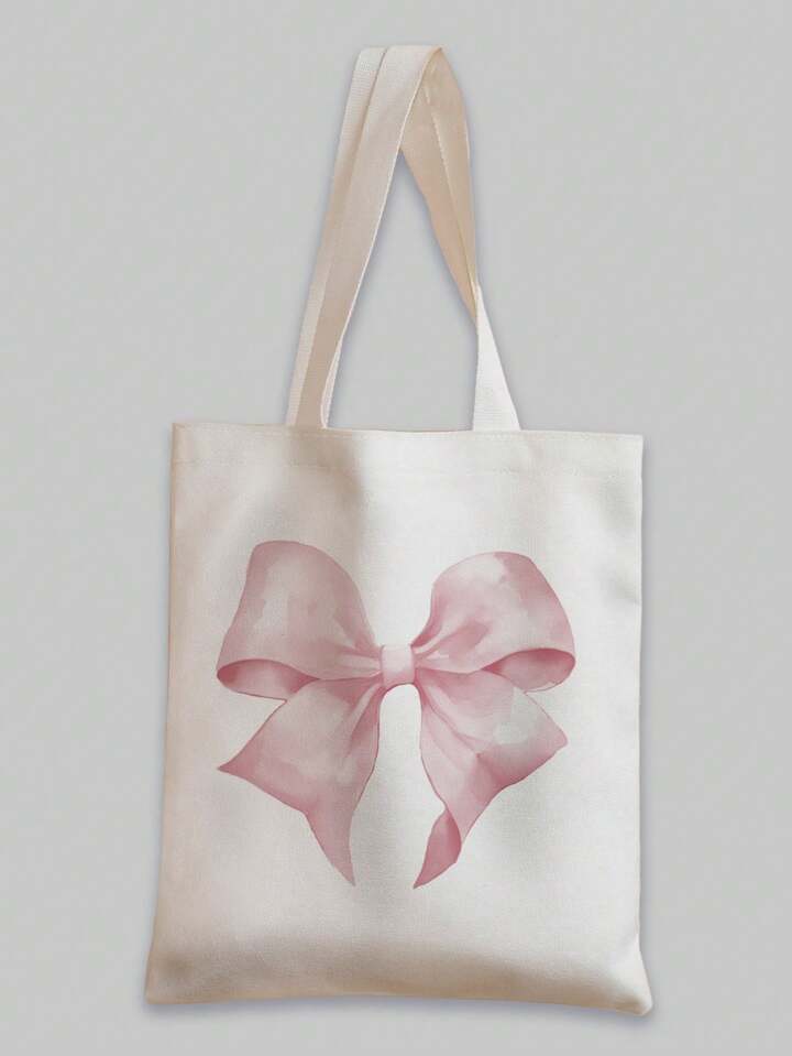 Kawaii Bowknot Pattern Double-Sided Printed Canvas Shoulder Bag, Tote Bags For School Valentines, Literary School Bag & Book Bag For Women Or Students, Perfect For Books, Shopping, Back To School And More, Cute Bow Bag For Women , Bow
