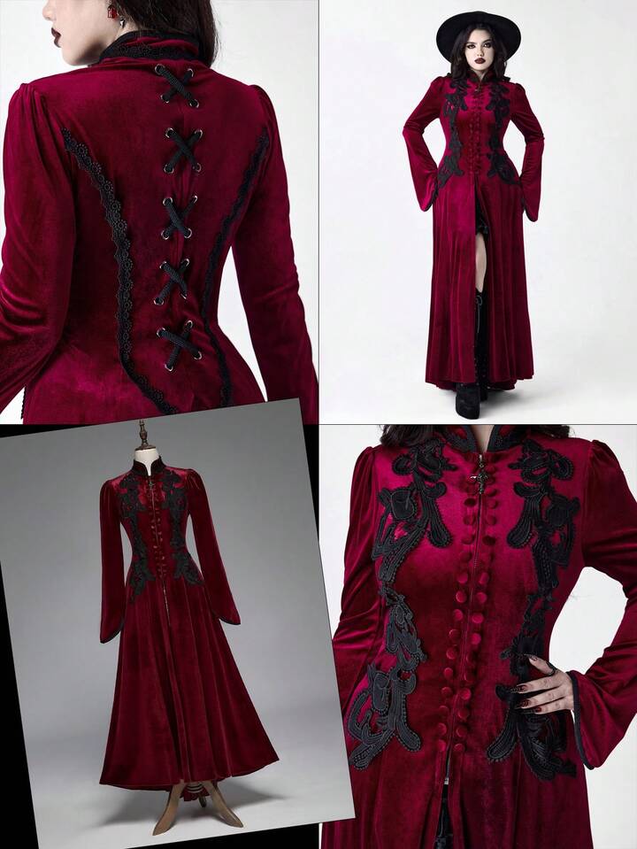 Christmas Gothic Retro Palace Style Contrast Color Lace Trim Velvet Women Long Jacket