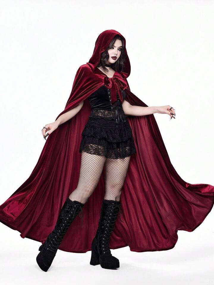 Gothic Vintage Dark Red Oversized Hat & Mysterious Cape, Suitable For Halloween