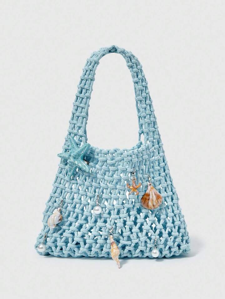 Fairycore 1pc Deep Blue Ocean Woven Beach Bag, Vacation Style, DIY Accessory For Women, Includes 1 Bag And 1 Set Of Accessories, Suitable For Spring/Summer , Blue