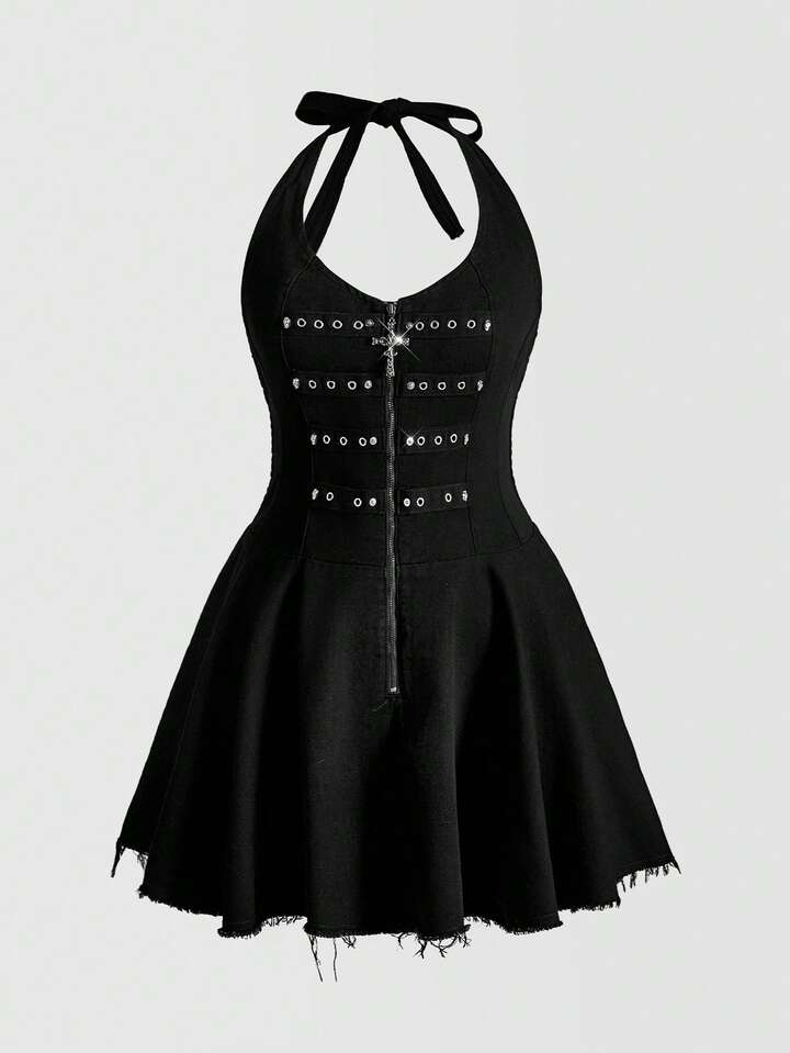Grunge Punk Grunge-Punk Vintage Edgy Deep Black Washed Rivet Pleated Halter Dress, Plus Size Denim Dress