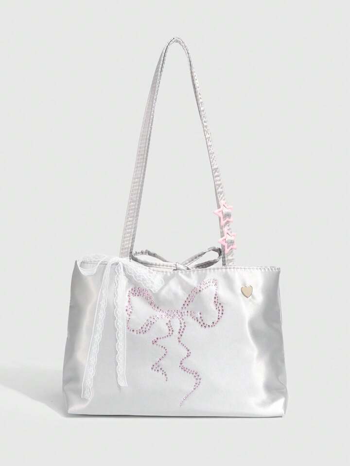 Kawaii 1pc Cute Y2K Rhinestone Bowknot Shoulder Bag For Women, Fashionable Butterfly Decor Handbag, Cute Bow Bag For Women