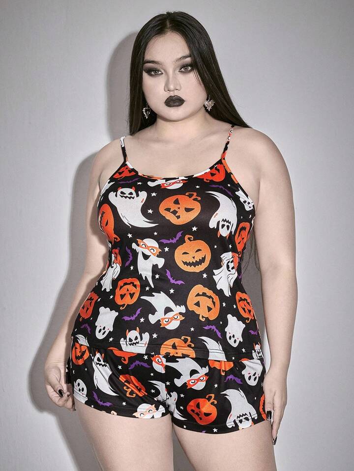 Plus Size Gothic Halloween Pumpkin, Ghost, Bat, Star Print Camisole & Shorts Pajama Set