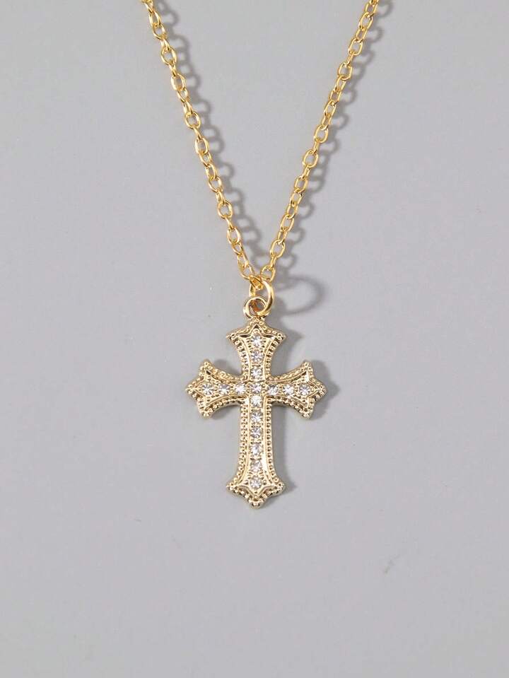 1pc Gothic Luxury Cross Pendant Necklace With Rhinestones, Holiday Party Gift, Halloween