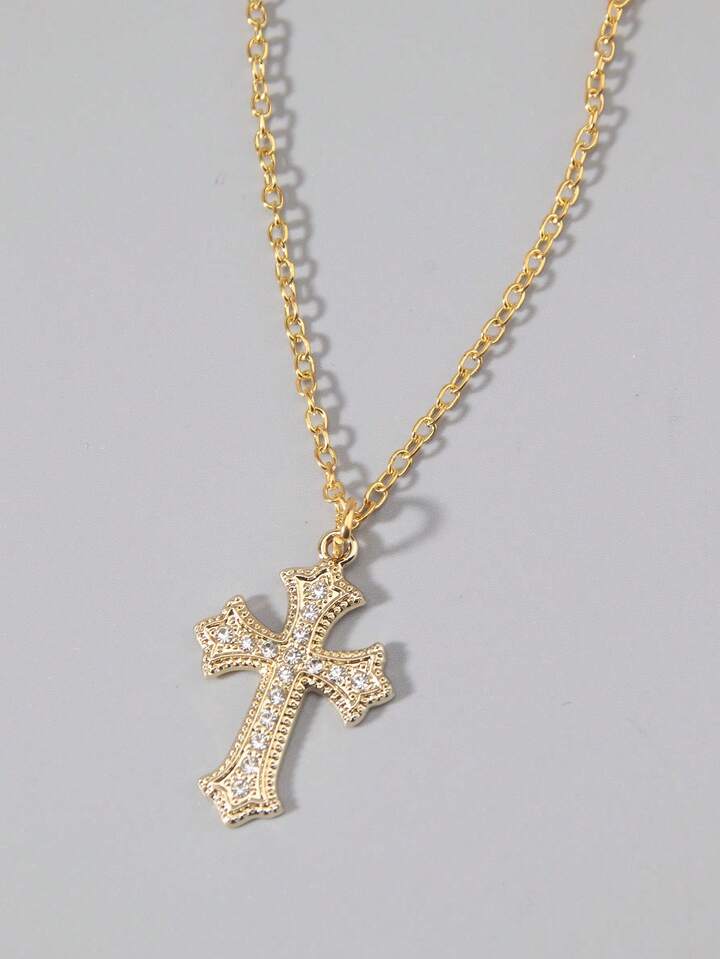 1pc Gothic Luxury Cross Pendant Necklace With Rhinestones, Holiday Party Gift, Halloween
