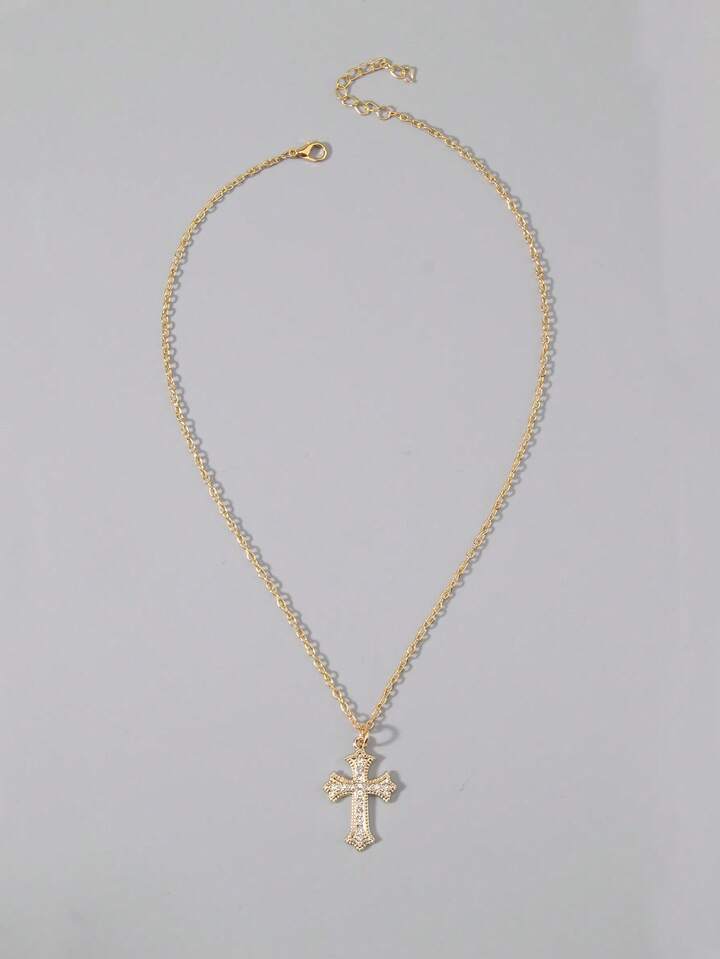 1pc Gothic Luxury Cross Pendant Necklace With Rhinestones, Holiday Party Gift, Halloween