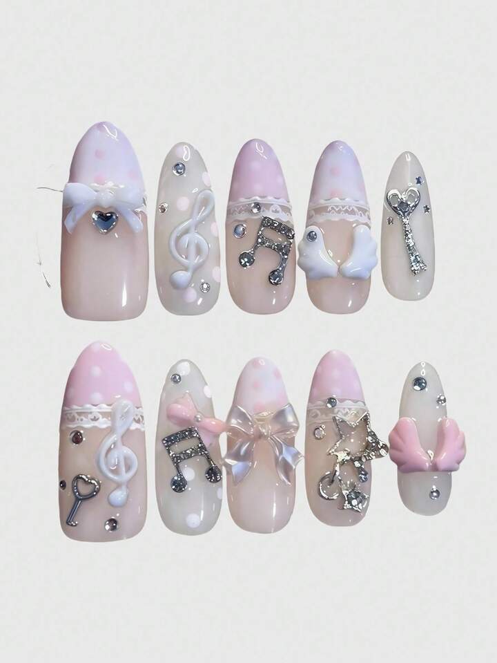 Kawaii Cute Lace Edged Romantic Heart Ballerina Style Bow White Wings Metal Music Note Pink Series Handmade False Nail Tips, Mass Produced Energetic Girl Wear, Suitable For Daily Outings And Dates