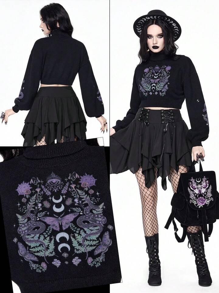 Goth Dark High Neck Cropped Sweater For Women, Vintage Mysterious Snake Skin & Butterfly Jacquard Puff Sleeve Knit Top, Autumn/Winter