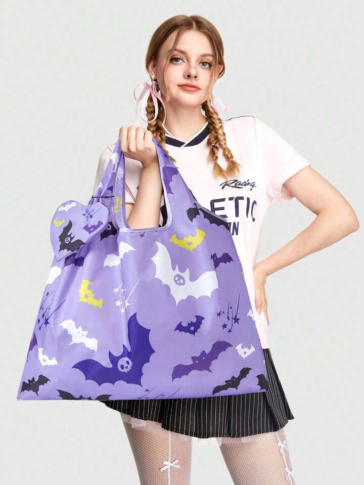 Grunge Punk Contrast Color Bat & Star Pattern Large Capacity Foldable Tote Bag With Coin Purse 4 Grunge Punk Contrast Color Bat & Star Pattern Large Capacity Foldable Tote Bag With Coin Purse