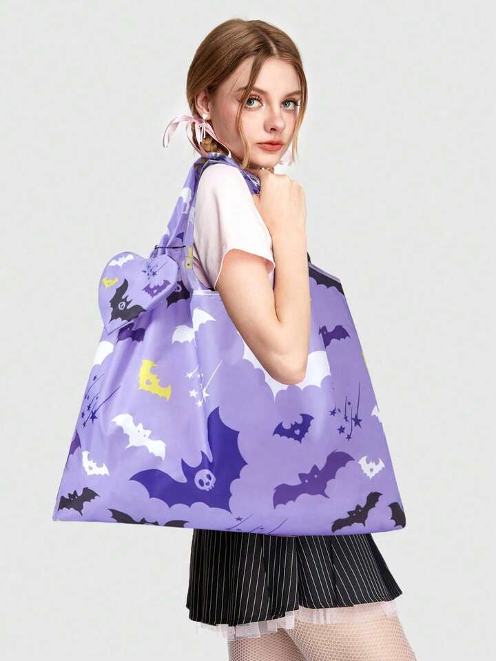 Grunge Punk Contrast Color Bat & Star Pattern Large Capacity Foldable Tote Bag With Coin Purse 5 Grunge Punk Contrast Color Bat & Star Pattern Large Capacity Foldable Tote Bag With Coin Purse