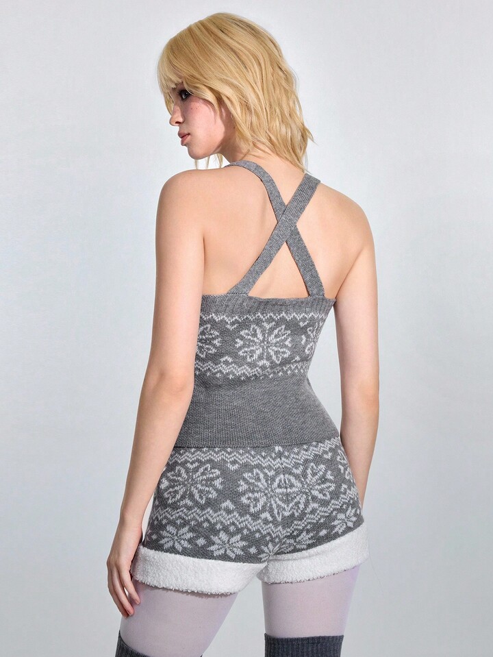 ROMWE Avant 2pcs Women Snowflake Pattern Front Tie Camisole Knit Top And Knitted Shorts Set