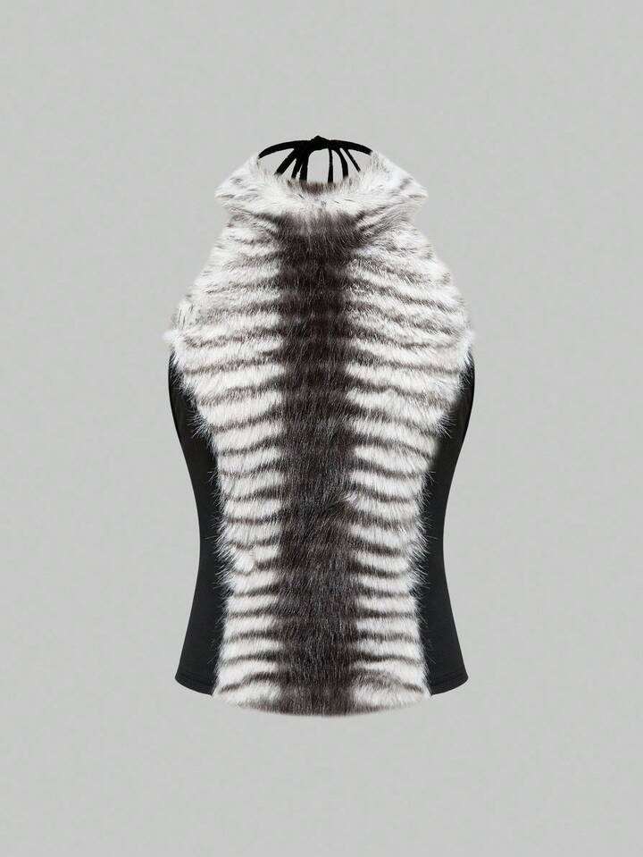 Grunge Punk Y2K Chic Zebra Print Fuzzy Cropped Top For Women