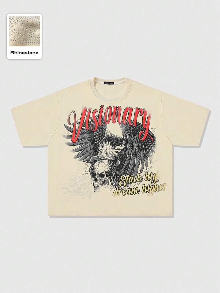 Goth Men's Loose Short Oversized T-Shirt With Rhinestone Skull And Wing Print