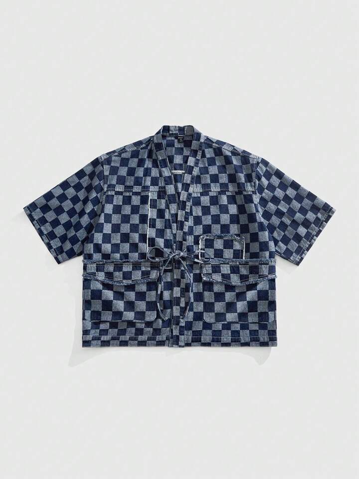 Anime Street Life Men's Checkerboard Pattern Front Tie Short Sleeve Denim Shirt, Summer