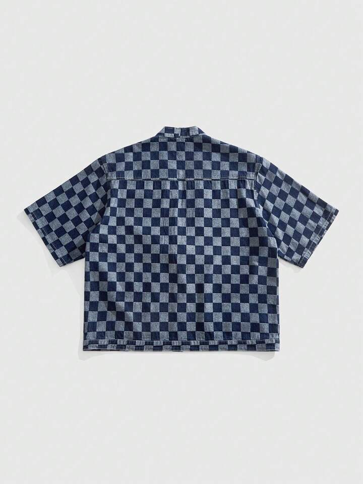 Anime Street Life Men's Checkerboard Pattern Front Tie Short Sleeve Denim Shirt, Summer
