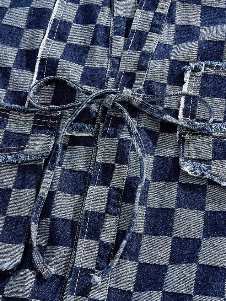 Anime Street Life Men's Checkerboard Pattern Front Tie Short Sleeve Denim Shirt, Summer