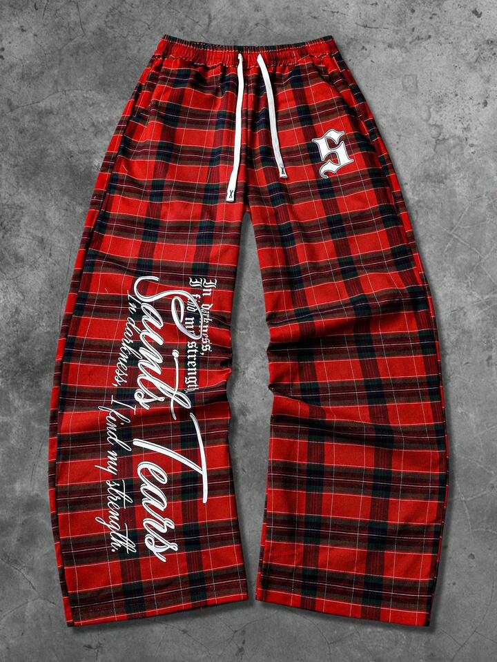 Prep Unisex Plaid & English Graphic Print Straight Leg Sweatpants, Street Style, Autumn/Winter