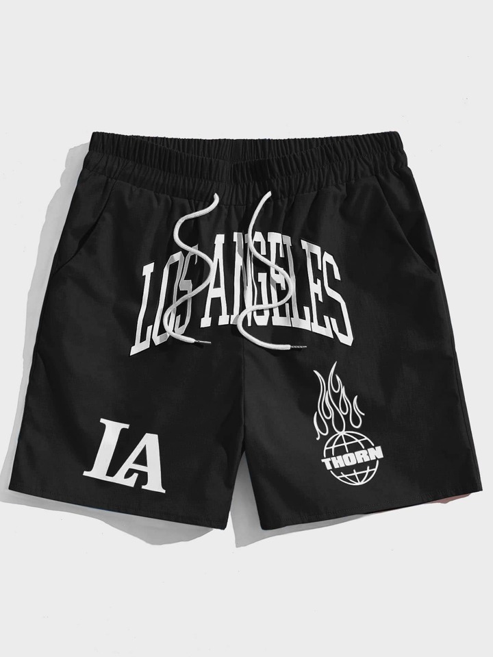 Prep Men Letter Graphic Drawstring Waist Basketball Shorts, School