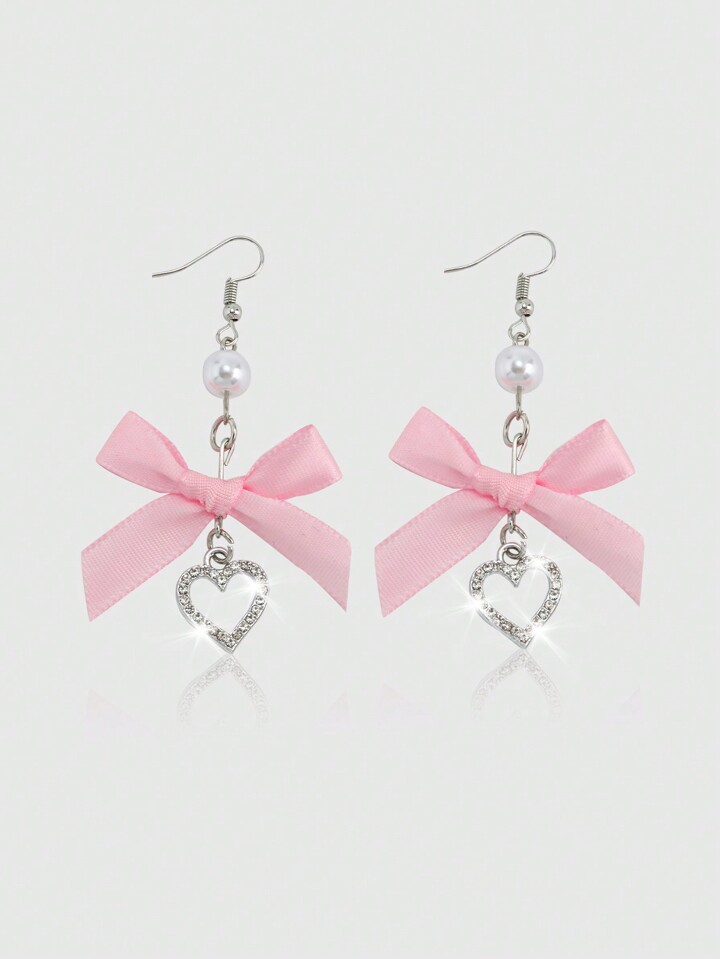 Kawaii 1pair Cute Pink Bow Heart Earrings For Women, Daily Wear Valentines,Mom,Mother,Mother's Day,Gift
