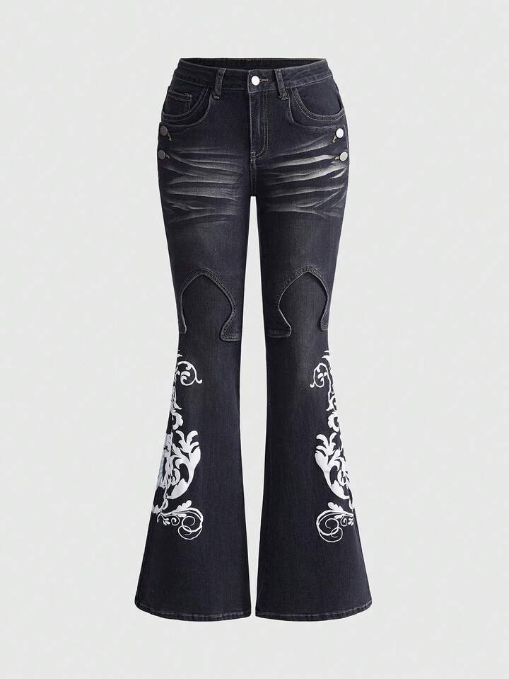 Grunge Punk Y2K Retro Millennium Babe Vine Print Fitted Flare Leg Jeans For Women