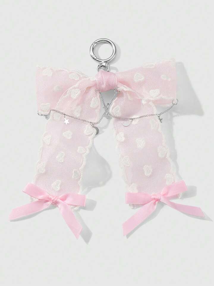 Kawaii 1 Pc Korean Sweet Minimalist Versatile High-Quality Beige Embroidered Heart Lace Pink Mesh Ribbon Bow Star Moon DIY Decorative Keychain Bag Charm, Suitable For Women/Girls As Daily Wear Or Gift