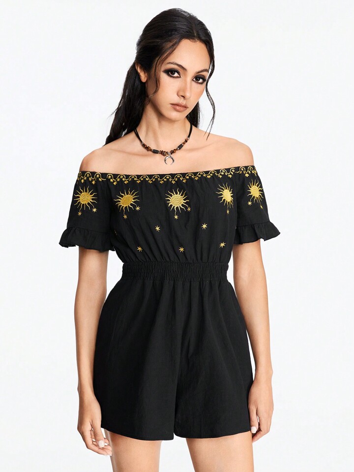 Hippie Casual Vacation Embroidered Crescent Moon & Star Romper With Off Shoulder Design For Women