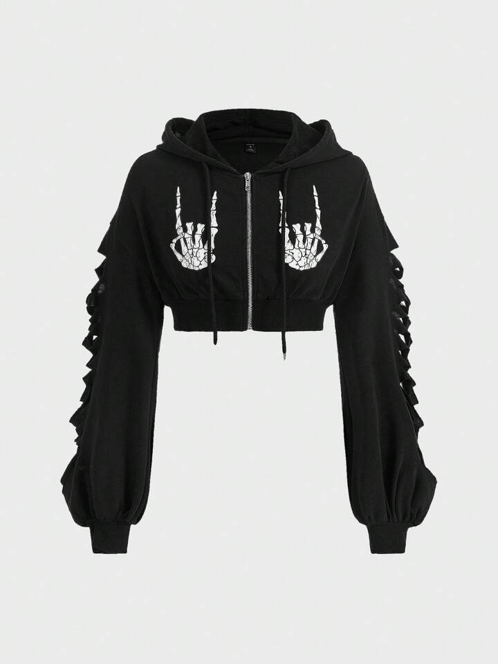 Skeleton Print Drop Shoulder Drawstring Hoodie, School,Long Sleeve Tops