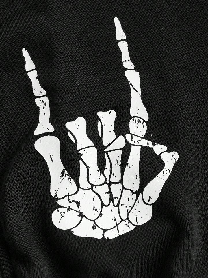 Skeleton Print Drop Shoulder Drawstring Hoodie, School,Long Sleeve Tops